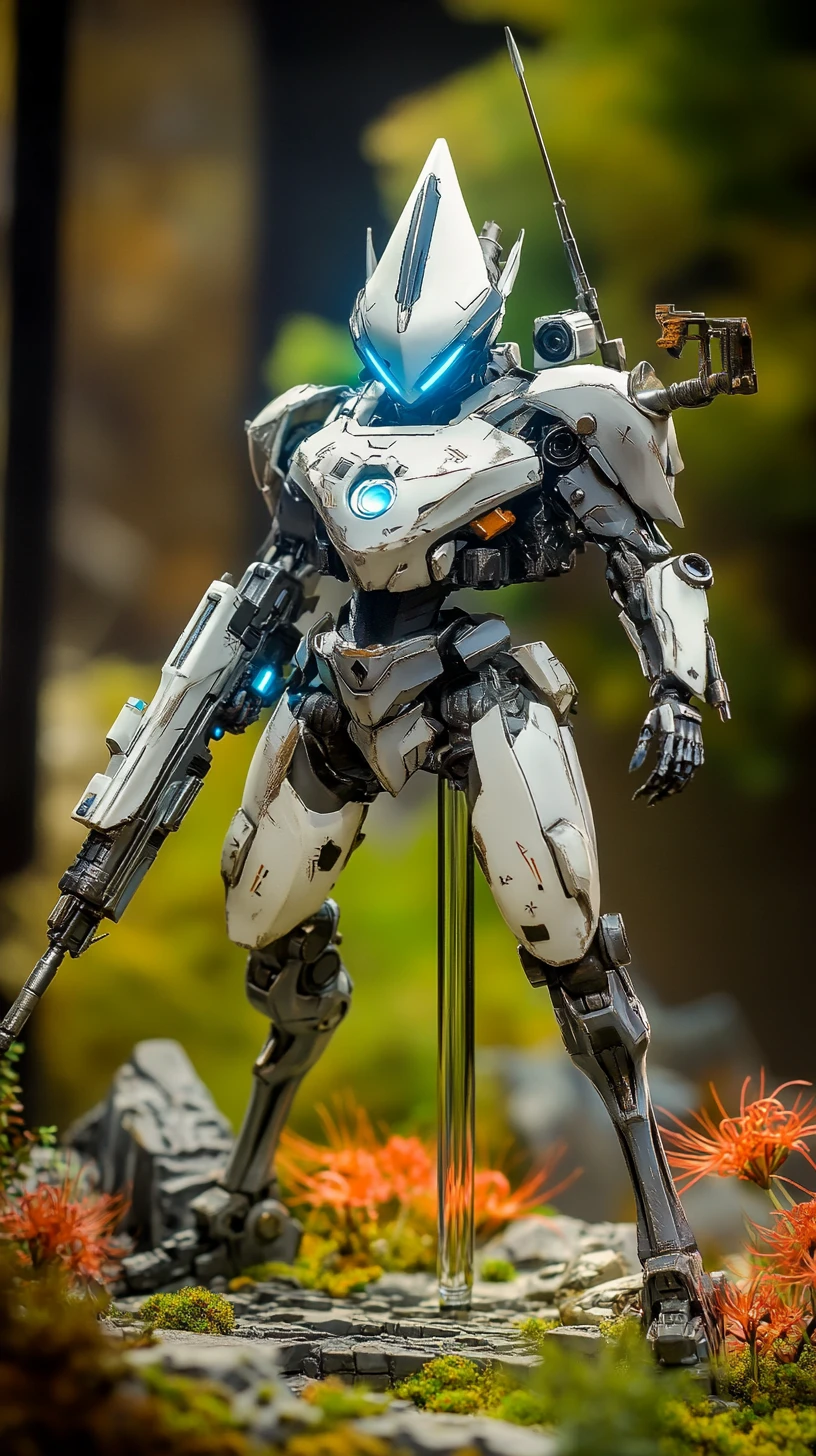 Robot futuristico armato di fucile che corre su un campo di battaglia