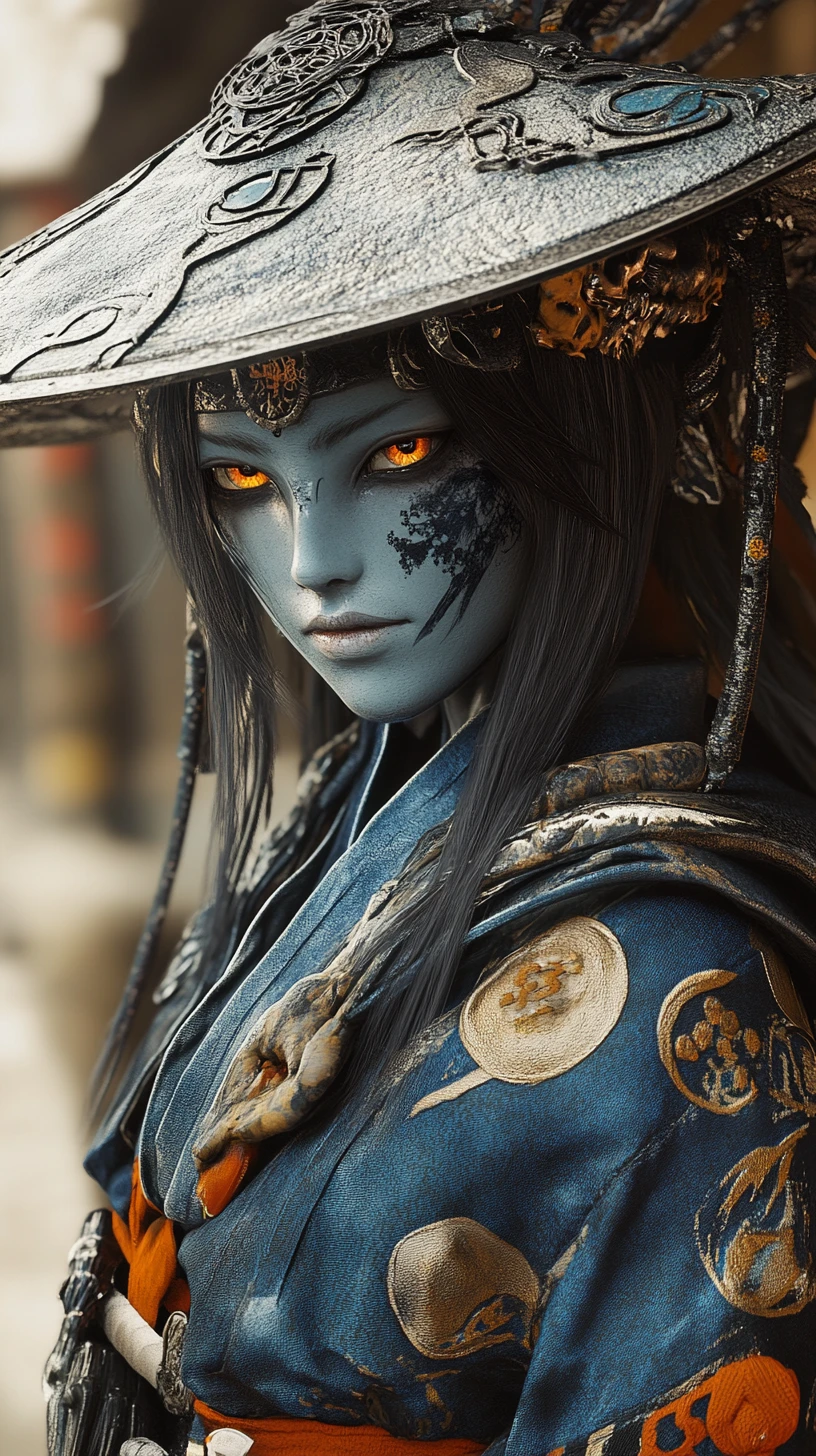 Mystischer maskierter Krieger im blauen Kimono mit Katana