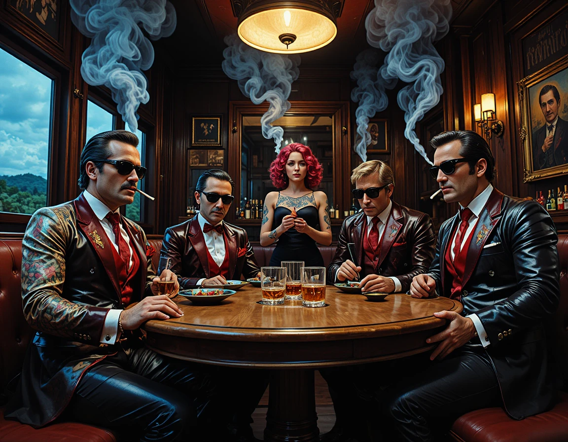 Mafia bosses in a dark luxury bar cinematic close up