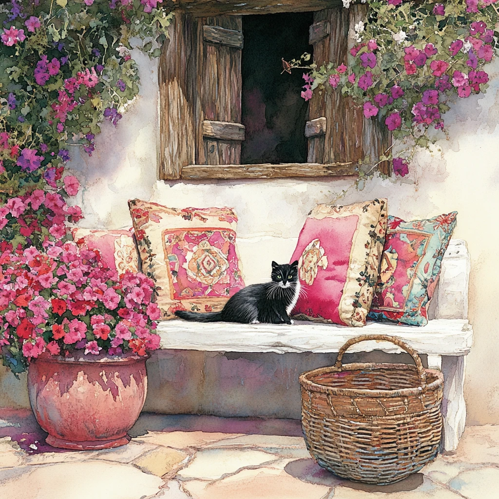 Gato preto ao lado de um banco branco com flores em aquarela