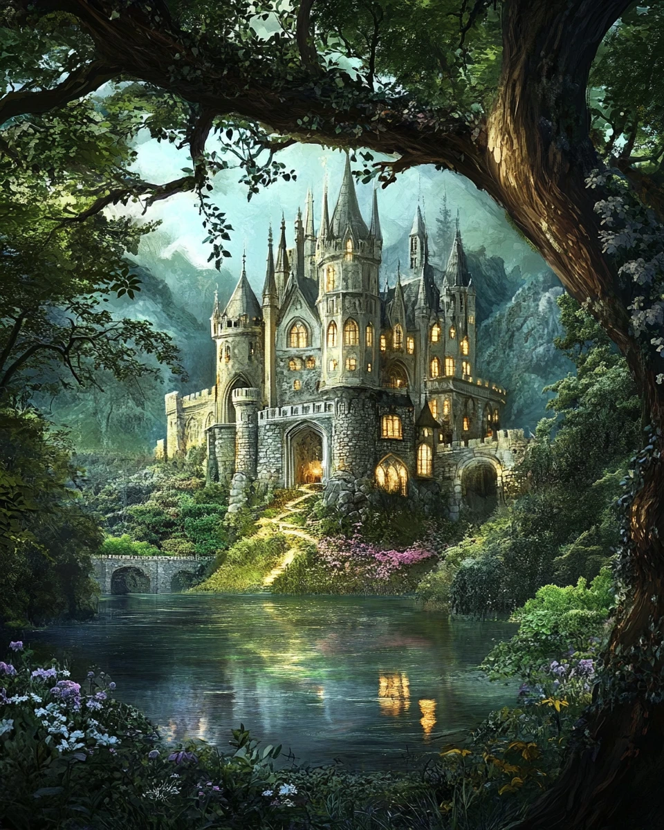 Castelo em um vale emoldurado por folhas e galhos de carvalho