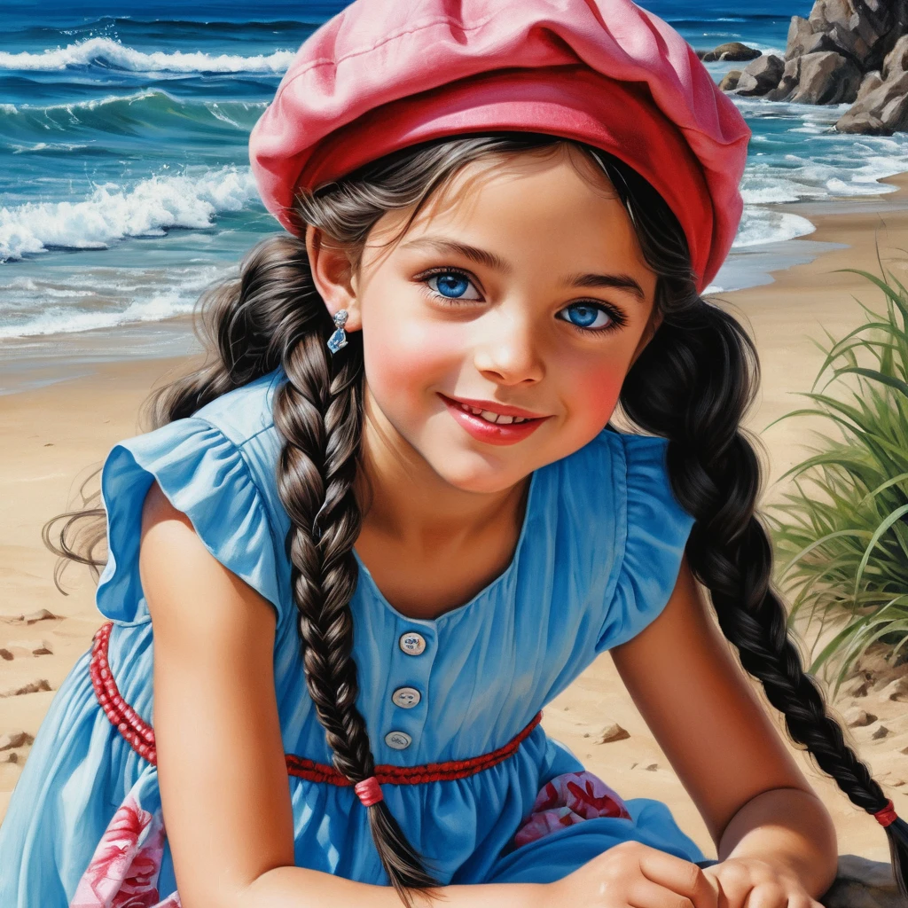 Petite fille accroupie en robe d’été rouge et béret rose