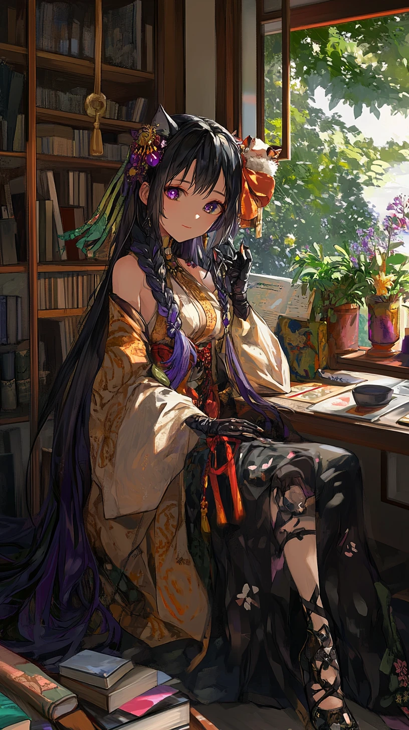Fille d’anime lisant dans une chambre cosy avec vue sur le jardin