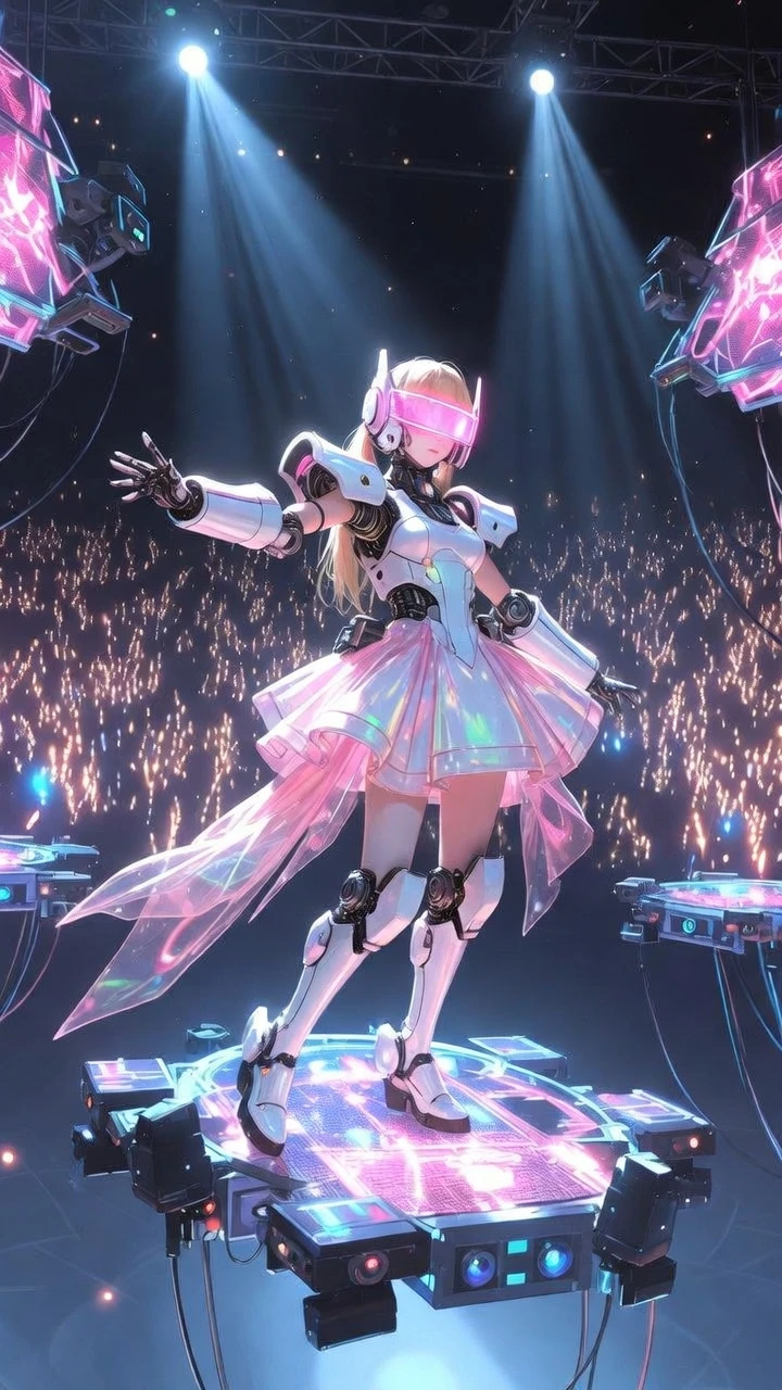 Futuristisches Mecha-Idol-Mädchen auf einer schwebenden holografischen Bühne