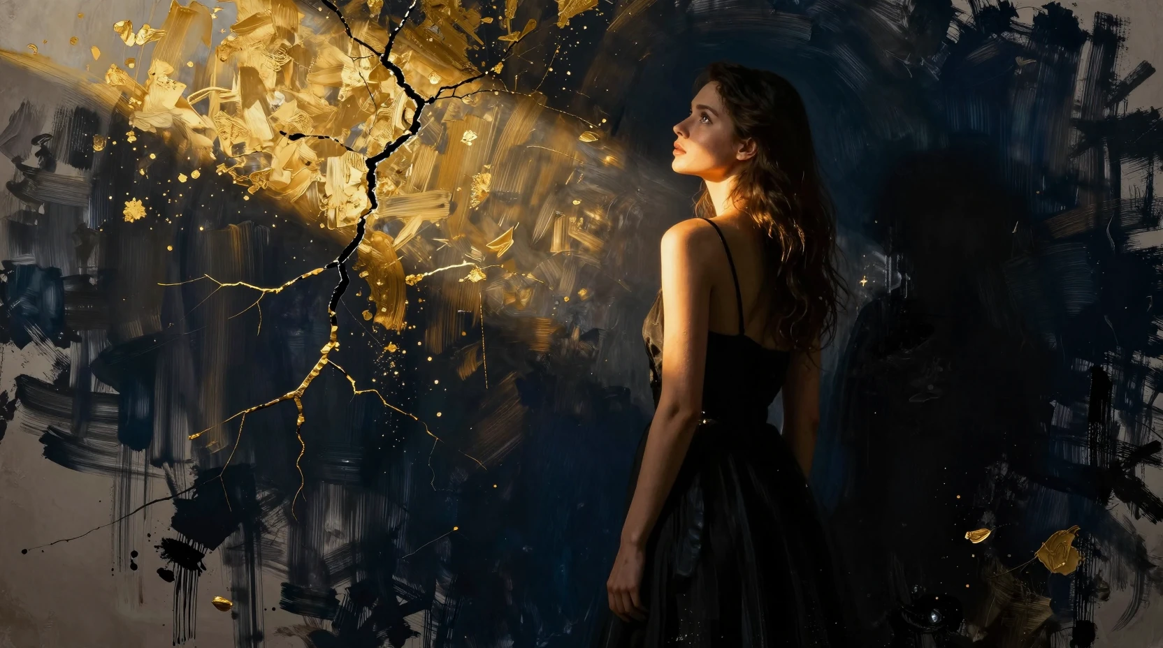Jeune femme de profil sous un faisceau de lumière dramatique
