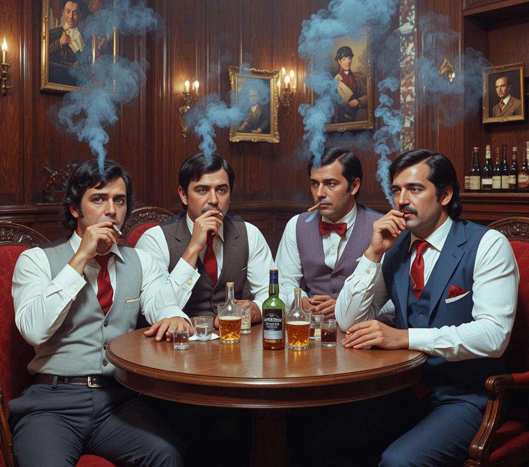 Quatro homens de terno fumando charutos em um bar escuro