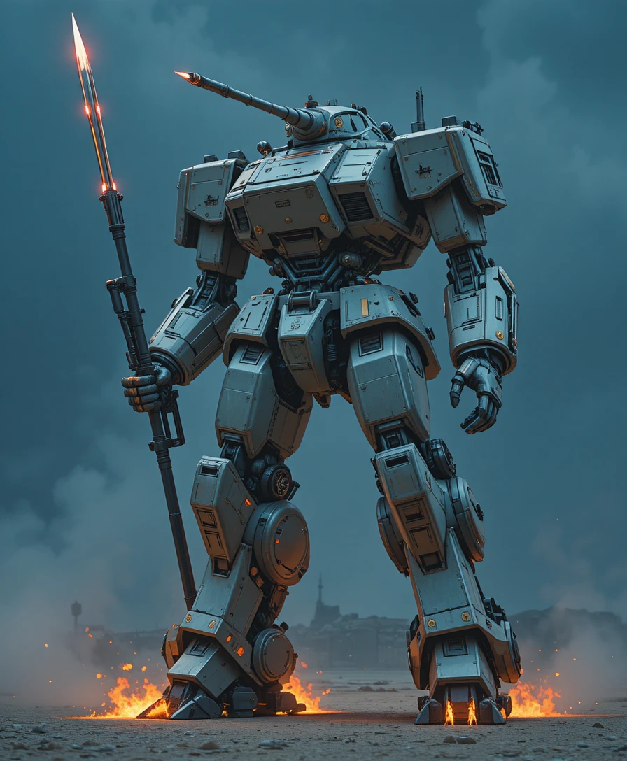 Mecha gigante com cabeça de torre de tanque e pés de foguete em chamas