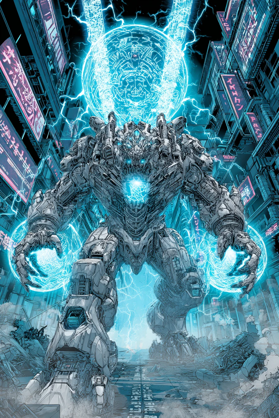 Meca colossal invocando portais de plasma em cidade cyberpunk