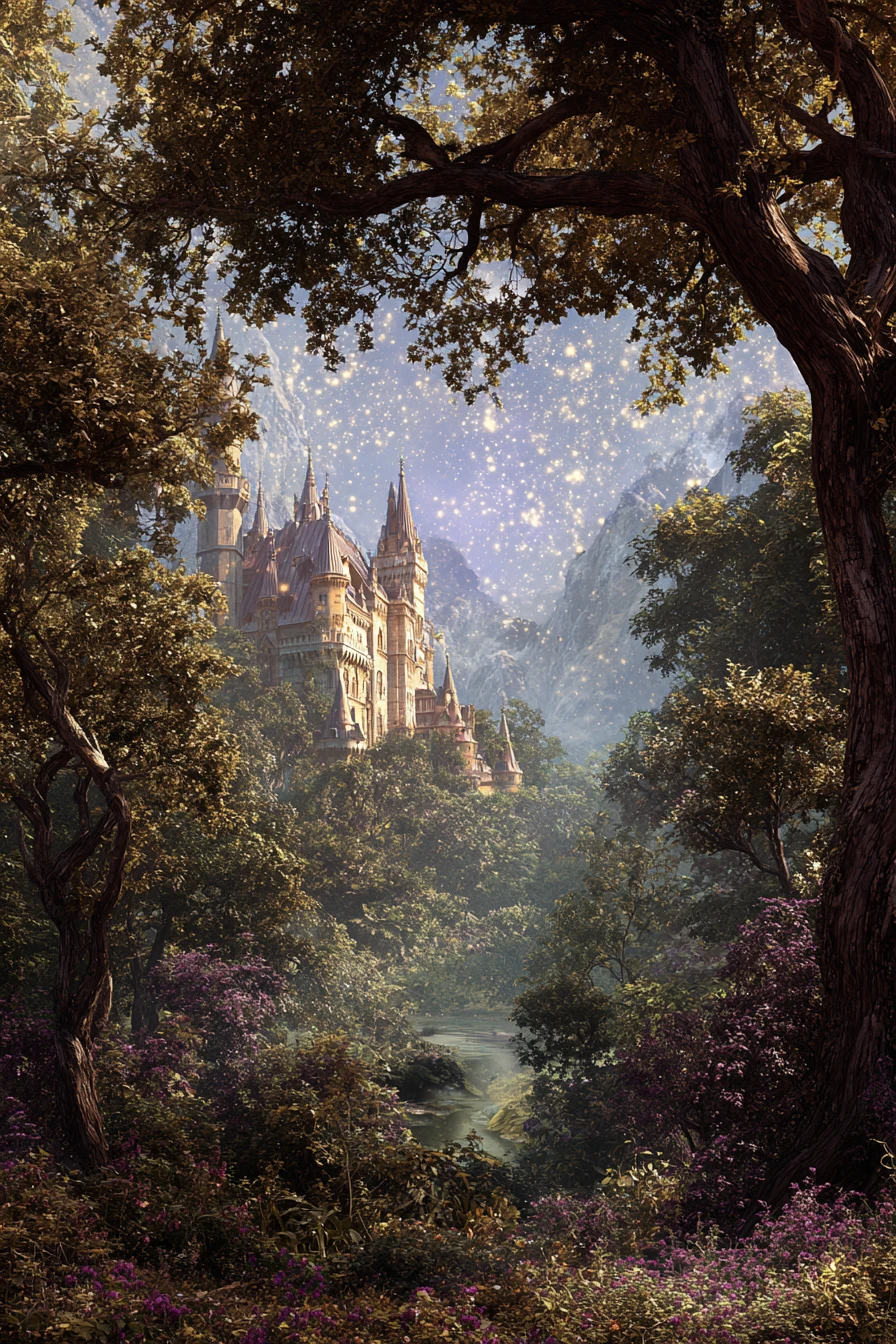 Castle in a distant valley framed by oak tree leaves