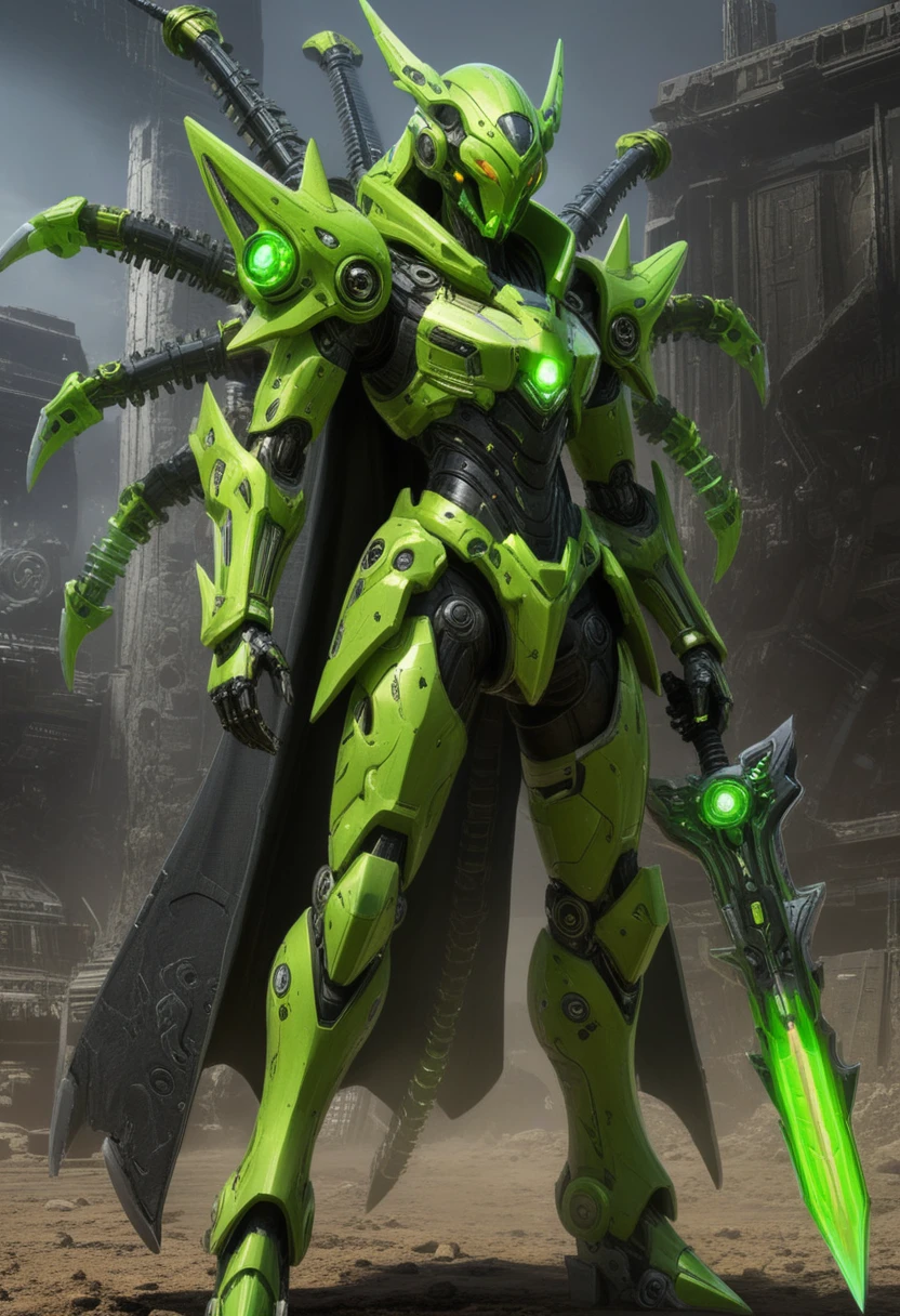 Mecha de combate insetoide alienígena sob céu cósmico em redemoinho