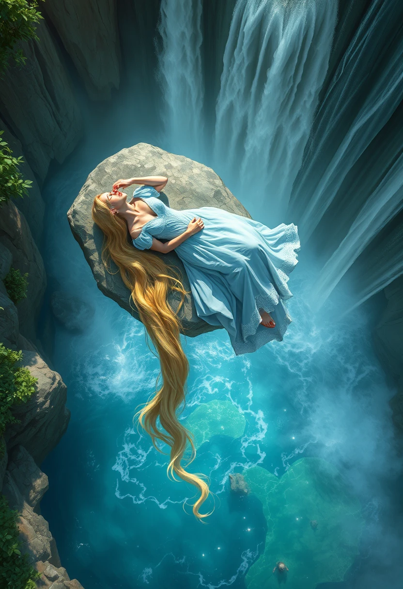 Donna su una roccia sopra una cascata con i capelli che fluiscono nella laguna