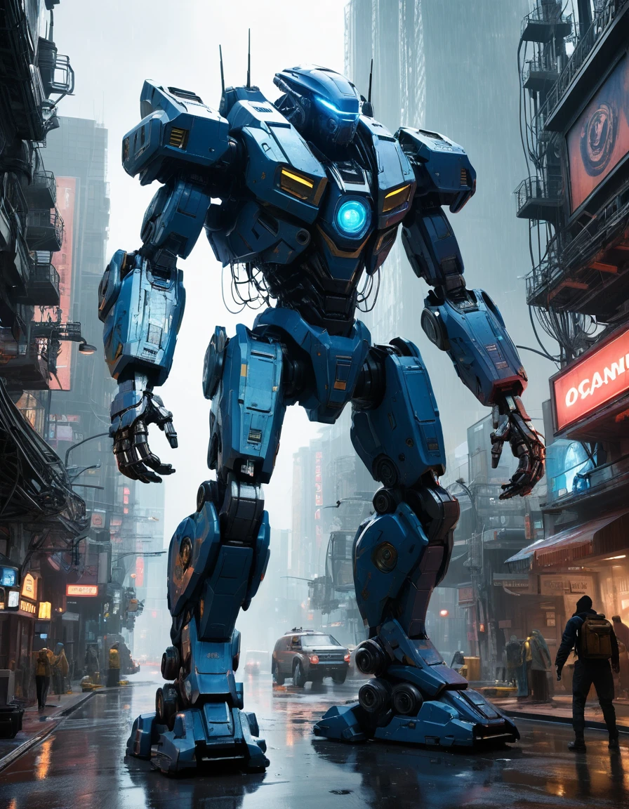 Riesiger Kampfmecha überragt eine neonbeleuchtete futuristische Stadt