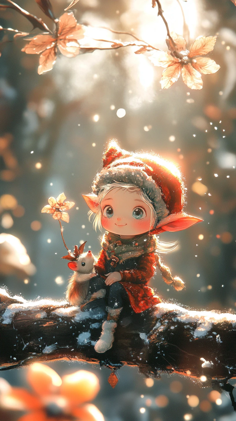 Póster chibi de tierna flor de invierno bajo suave luz del sol