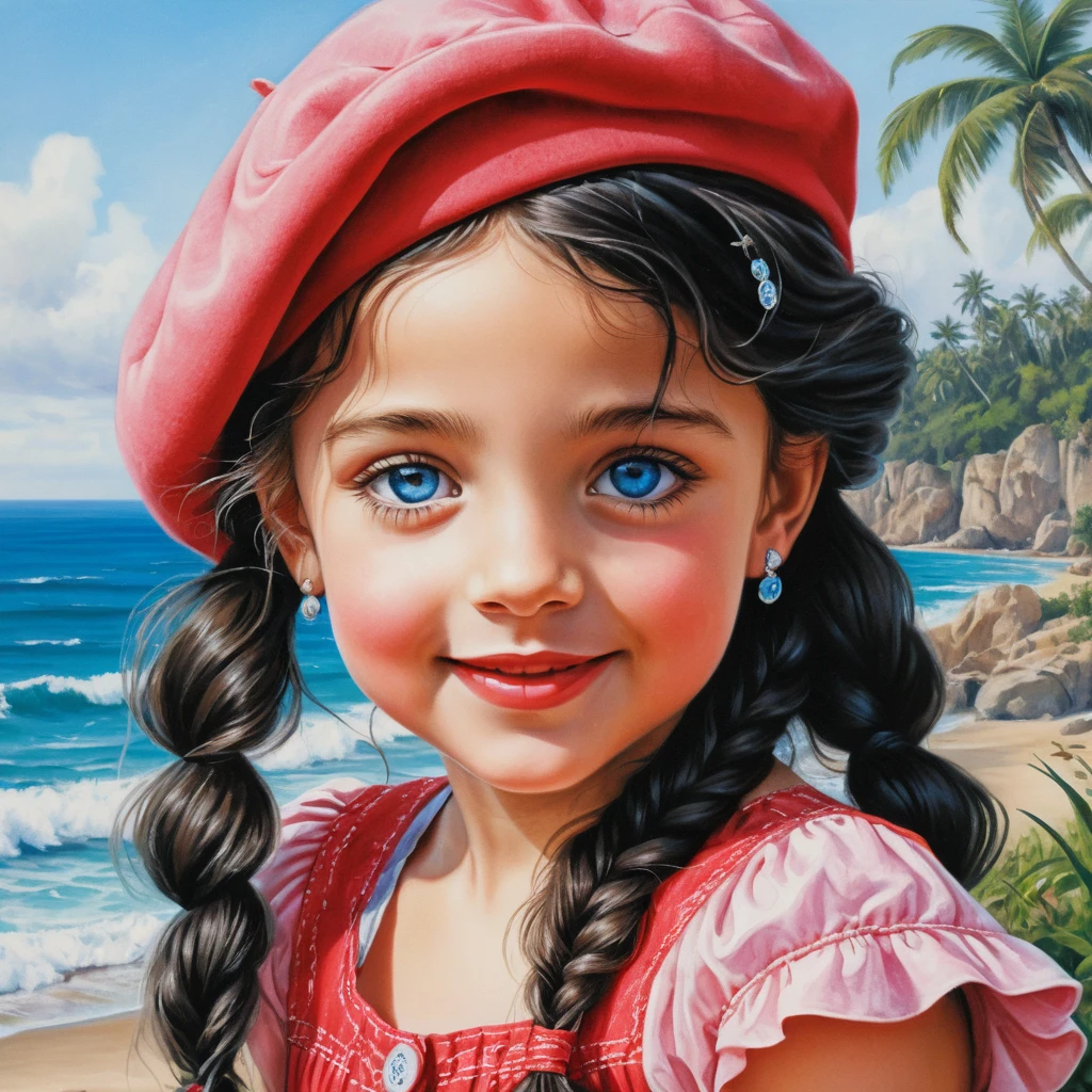 Fillette souriante en robe d’été rouge avec béret rose