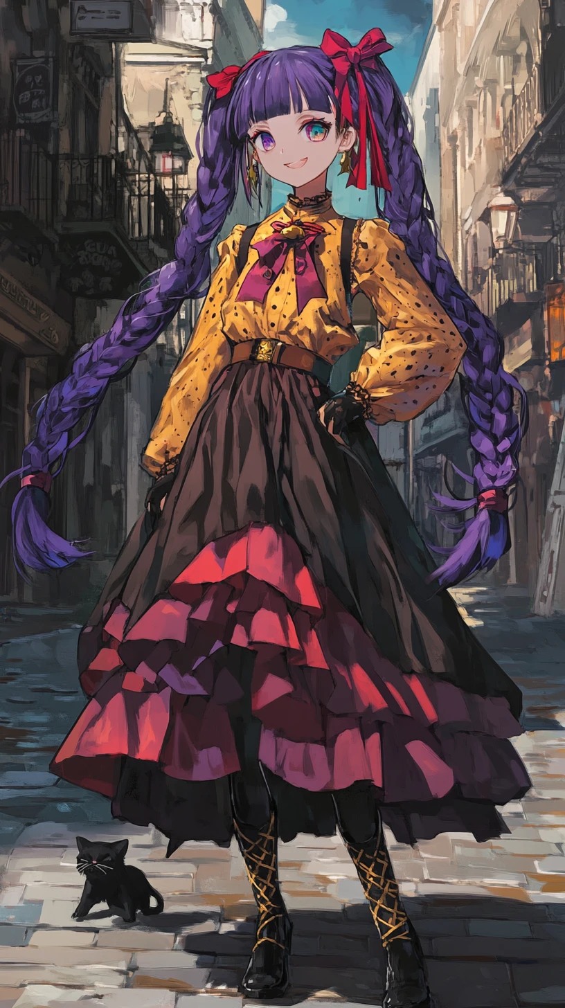 Garota de anime de cabelo roxo caminhando com um gato preto