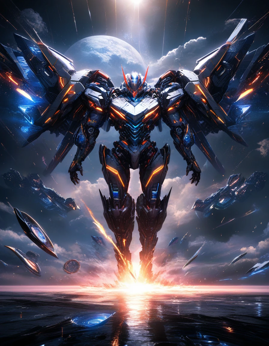 Colossale mecha da guerra che incombe su una città futuristica al neon