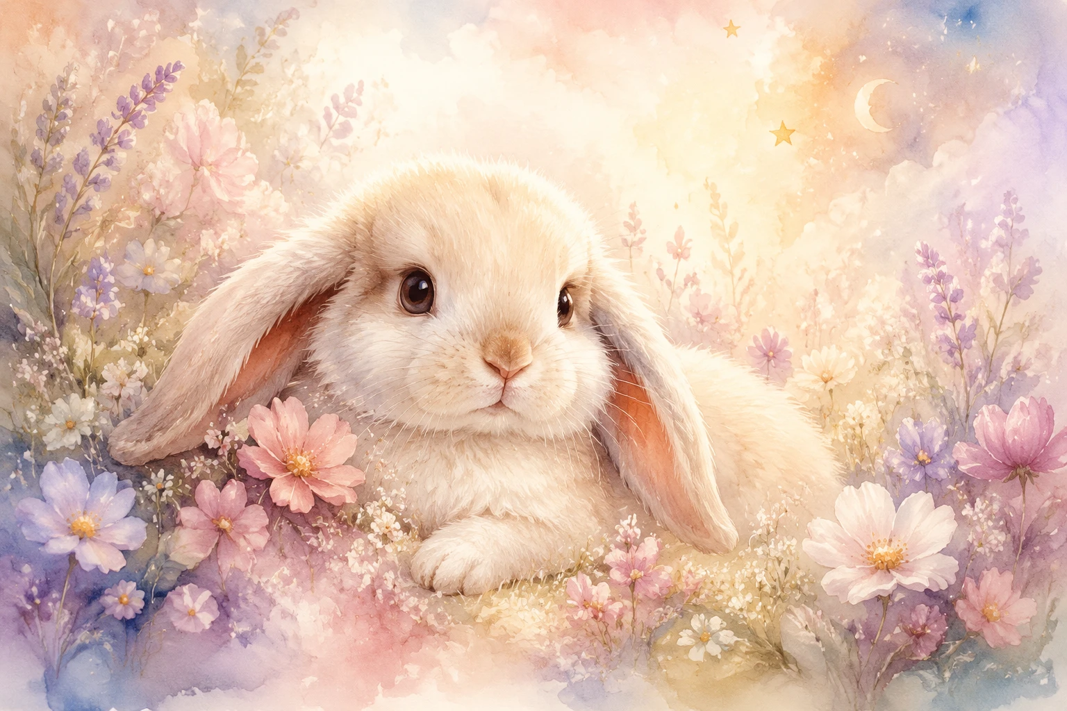 Adorável coelhinho filhote de orelhas caídas entre flores silvestres em tons pastel