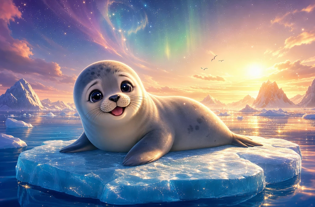 Foca-bebê alegre descansando em um bloco de gelo ensolarado
