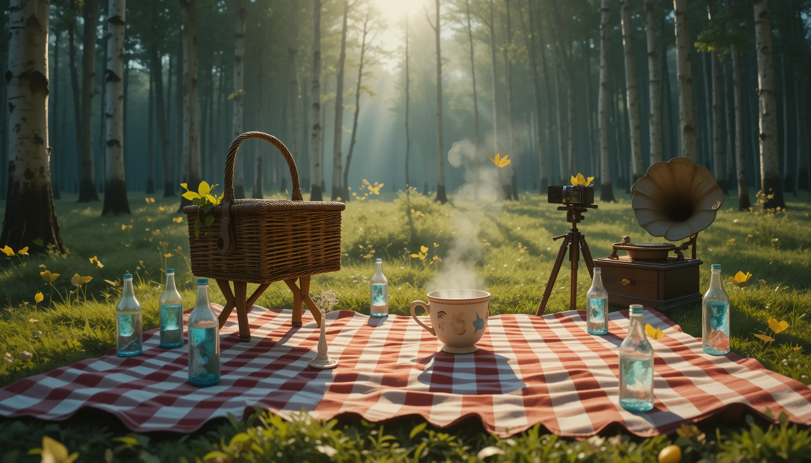 Enchanted Picnic Objects Coming Alive In Forest Clearing
