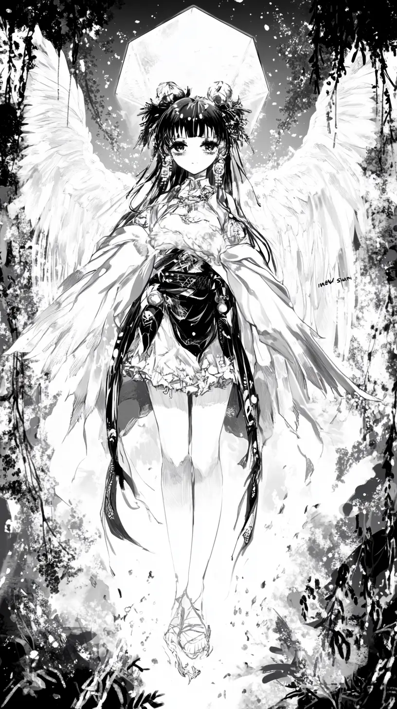 光るクリスタルの下で剣を振るうマンガ風の少女