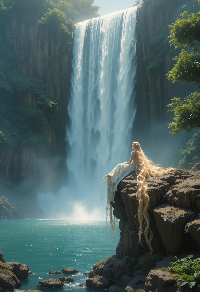 Mulher descansando sobre rocha acima de uma cachoeira em cascata