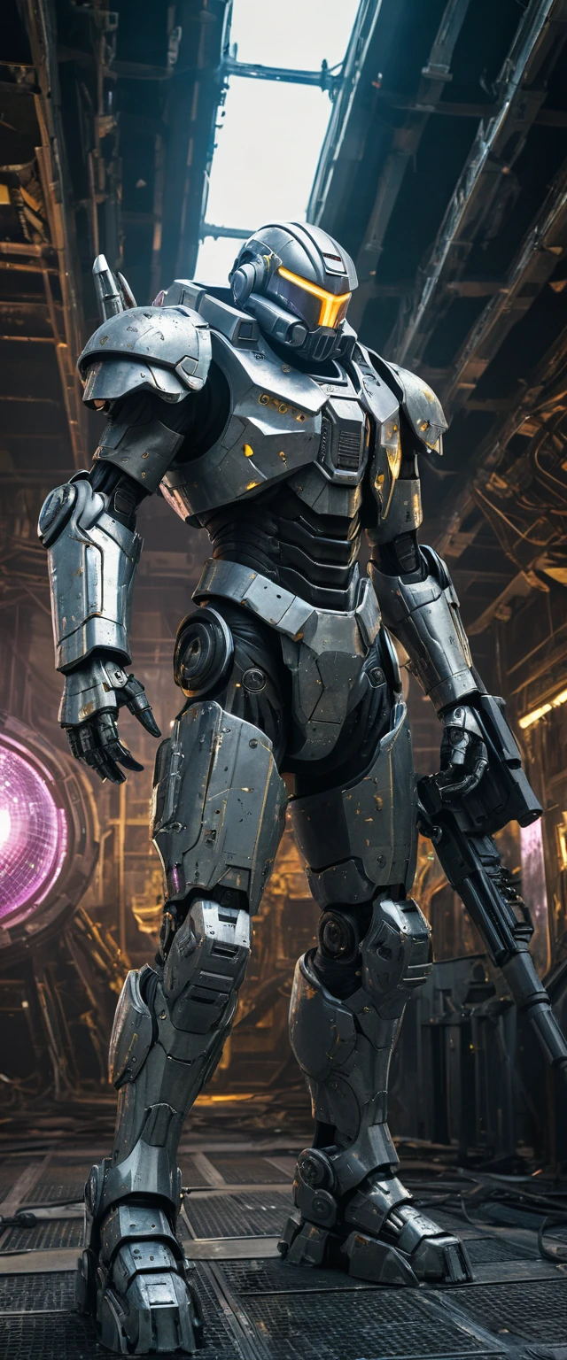 Guerrier futuriste en exosquelette avec armure miroir sur plateforme aérienne