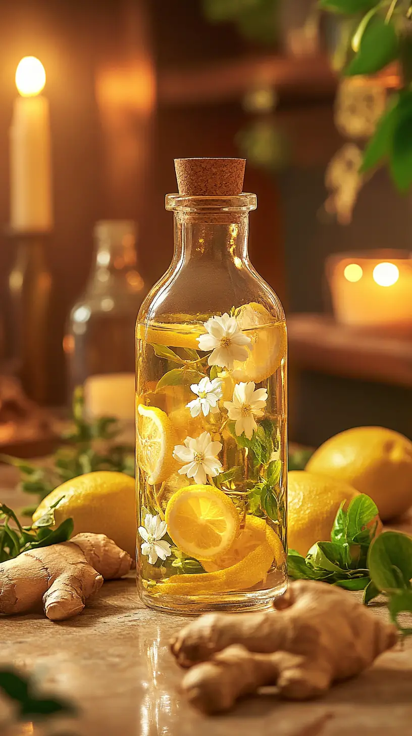 Botella de vidrio con agua de limón y flores sobre mesa rústica