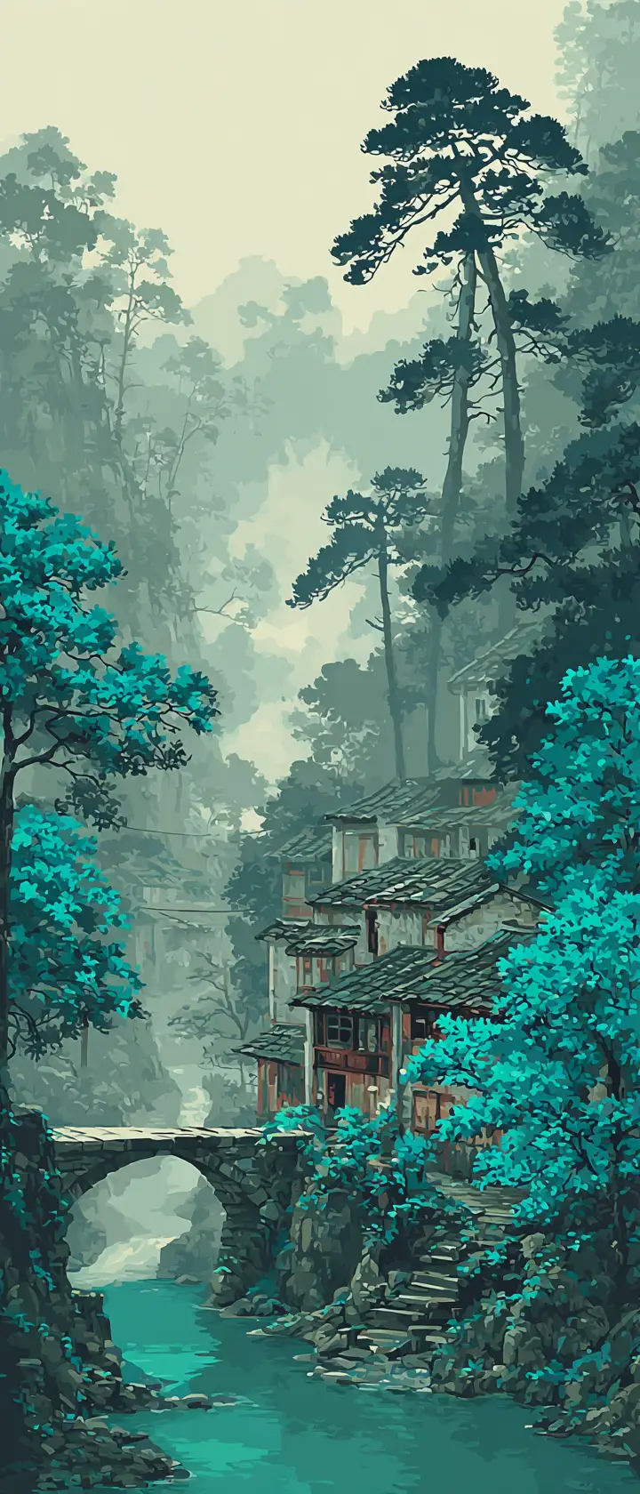 碧綠山間河畔的中國傳統村莊