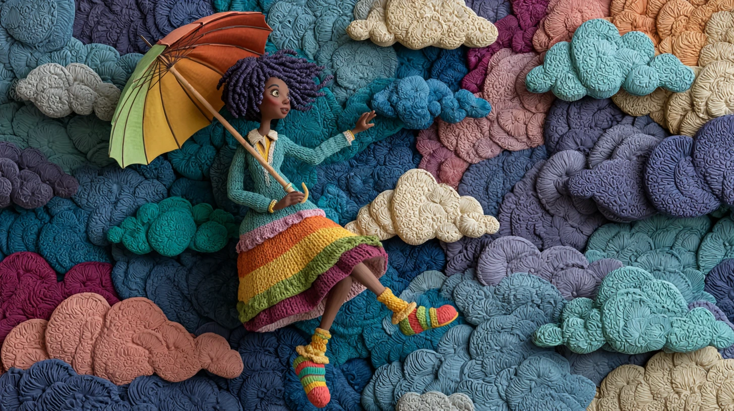 Mulher em claymation com roupa inspirada no céu e guarda-chuva