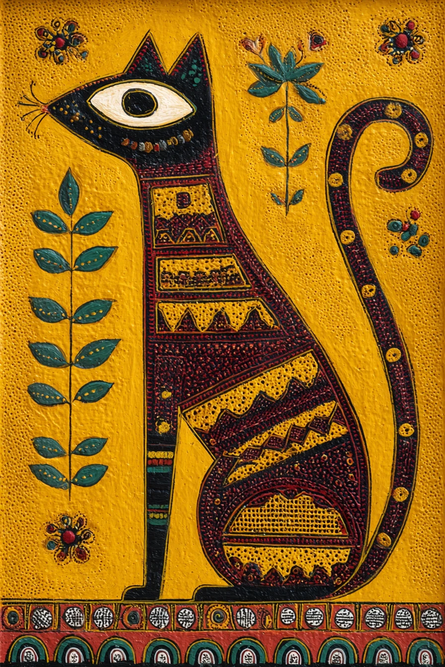 Pintura tradicional tribal de gato em fundo amarelo vibrante