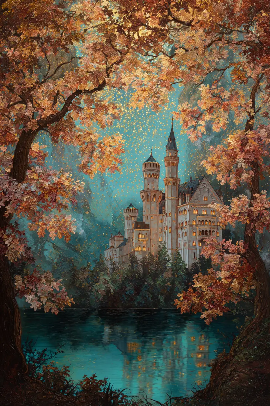 Castle in a valley framed by oak leaves and branches