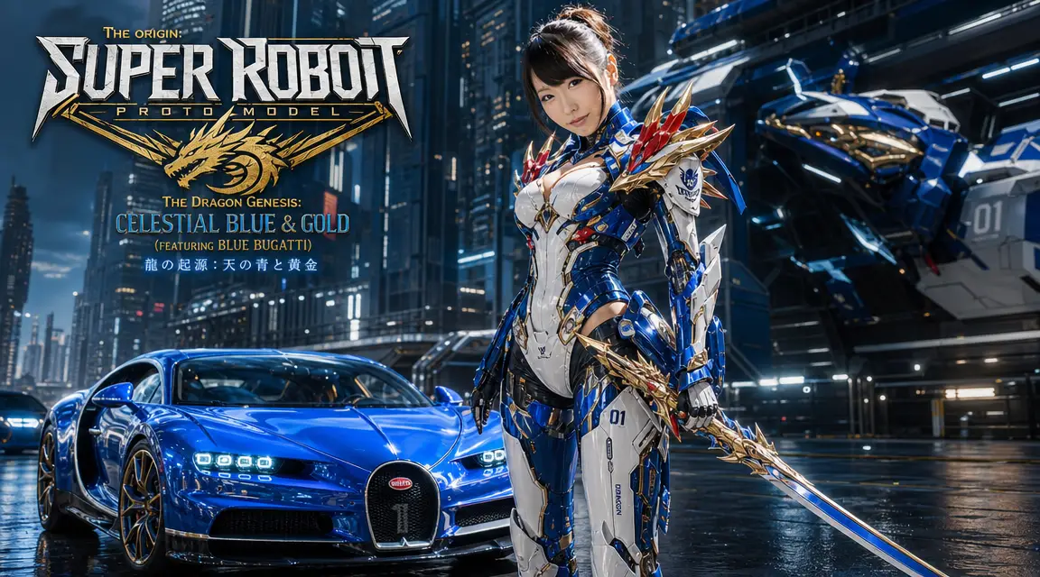 Mujer mecha futurista de pie en una calle de ciudad neón