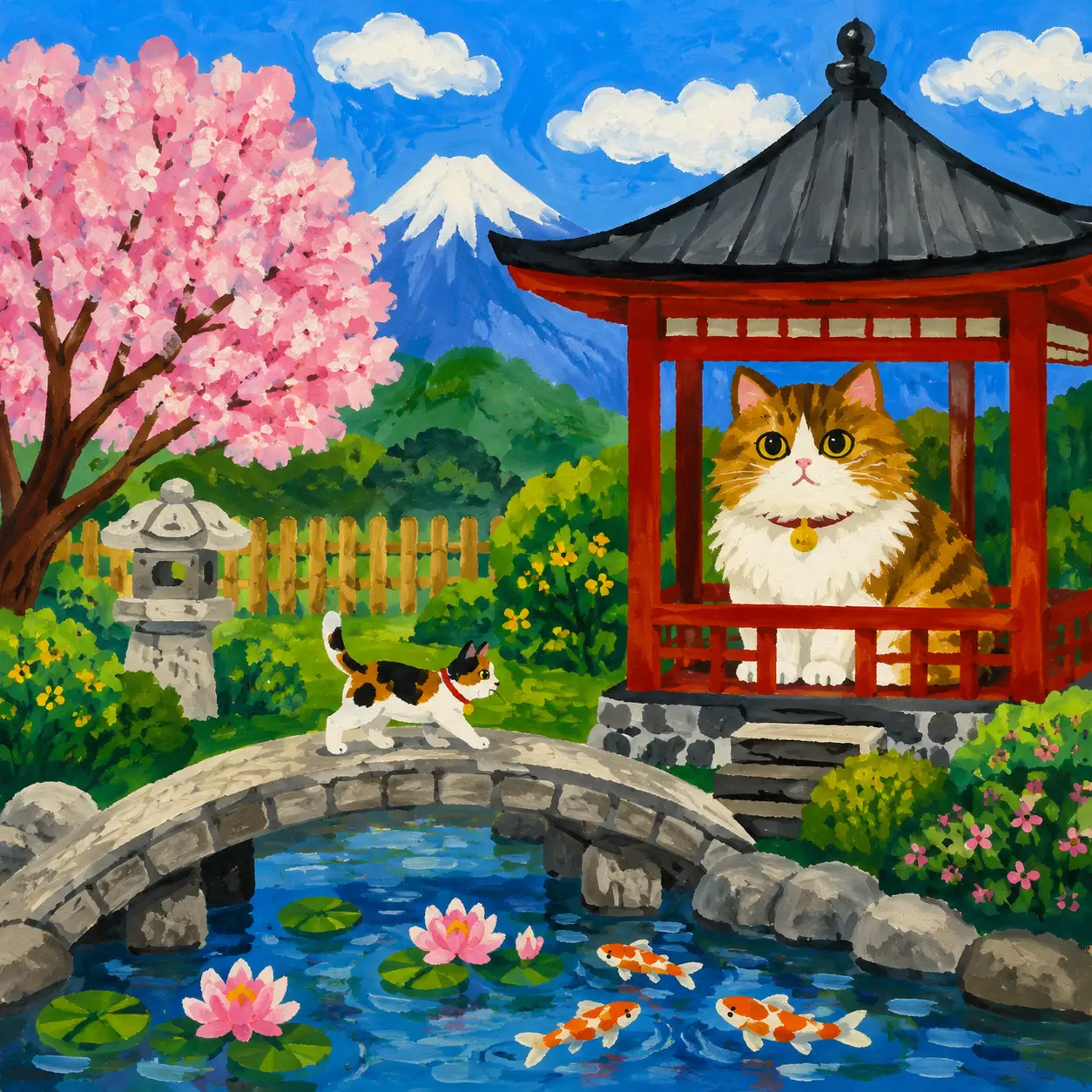 紅色寶塔花園中的天真風格貓咪畫作