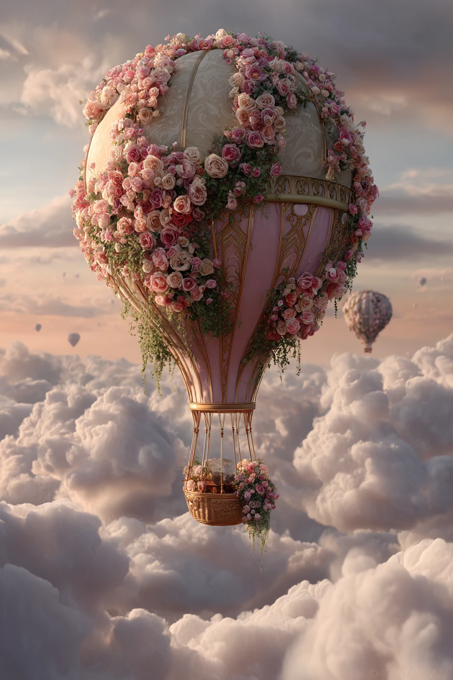 Flower Covered Hot Air Balloon Floating In Dreamy Sky