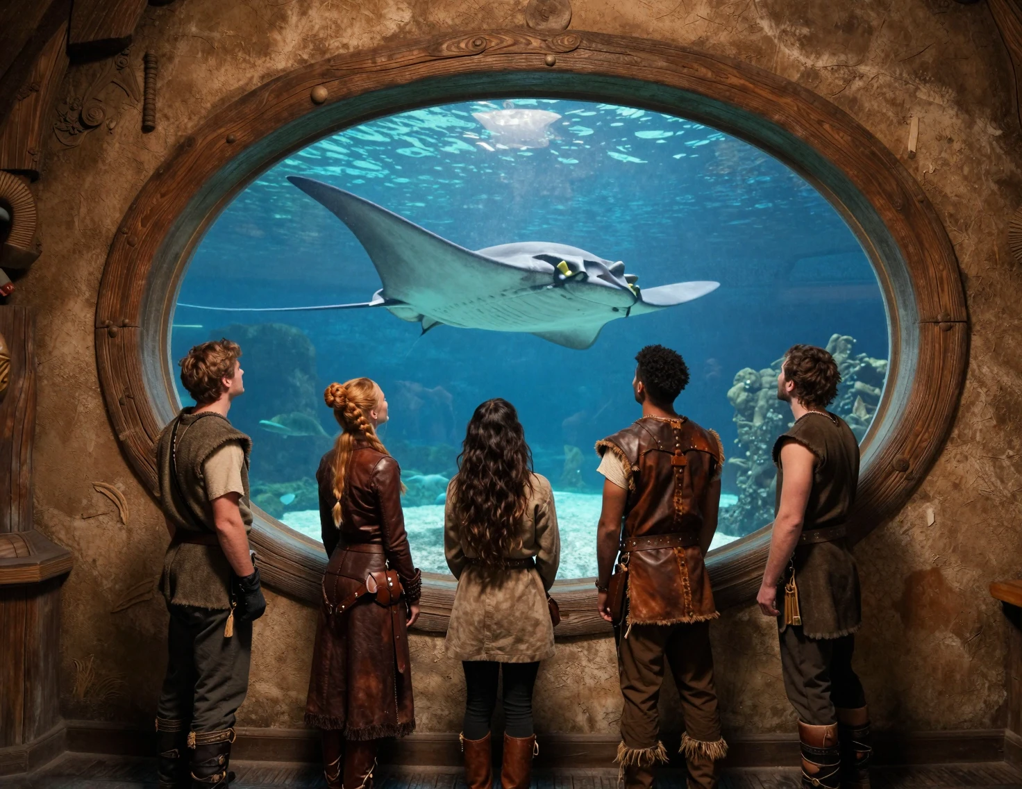 Amigos africanos em um aquário de fantasia observando arraias gigantes