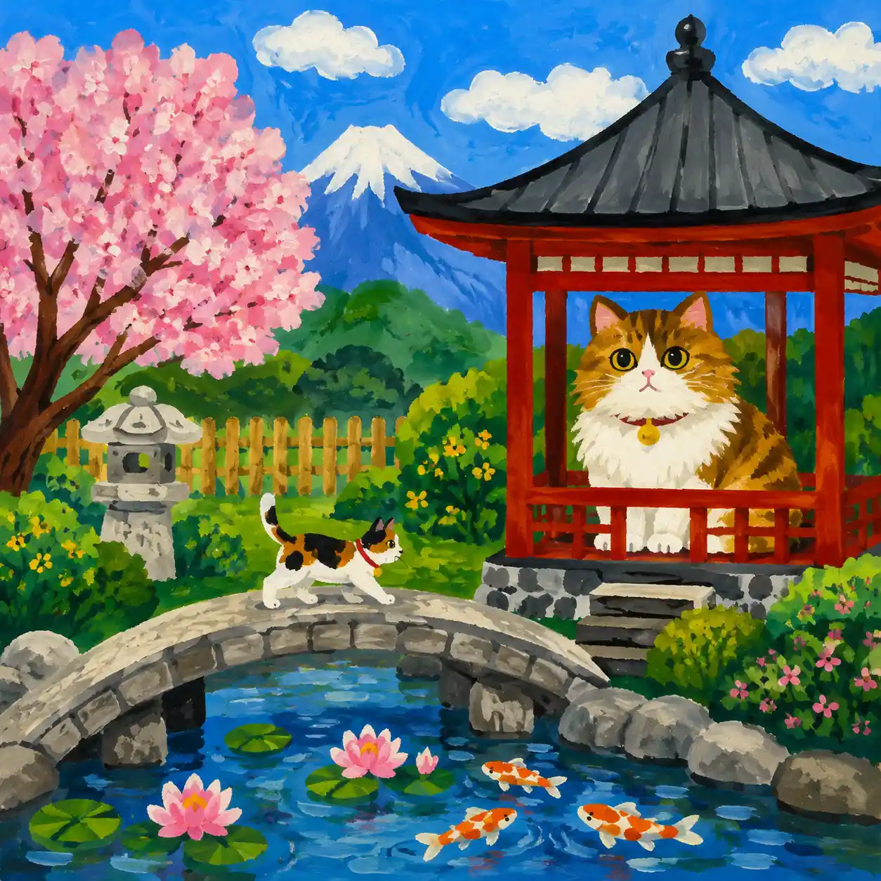 Naive painting of a cat in a red pagoda garden