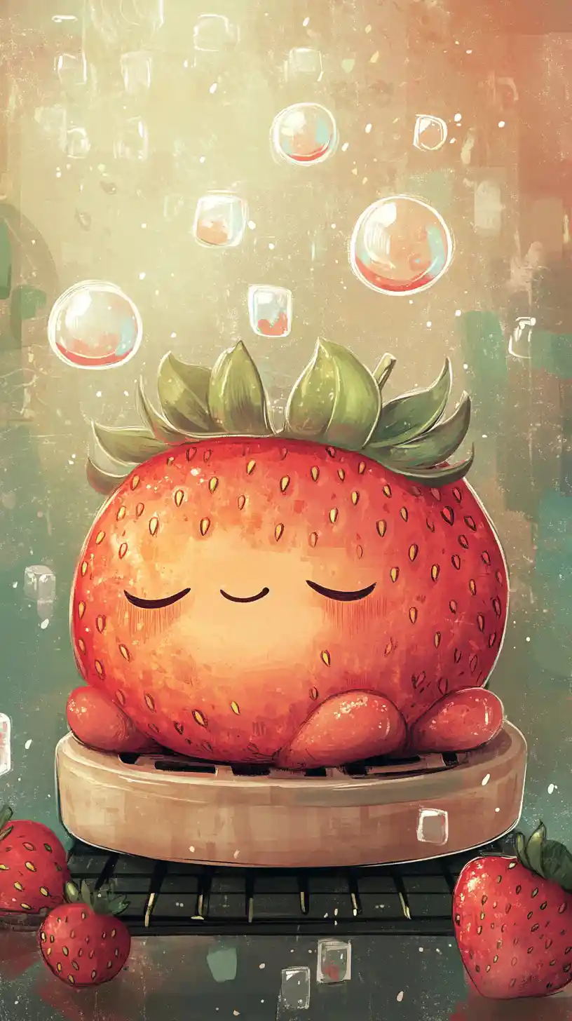 Chubby strawberry character napping on a waffle iron