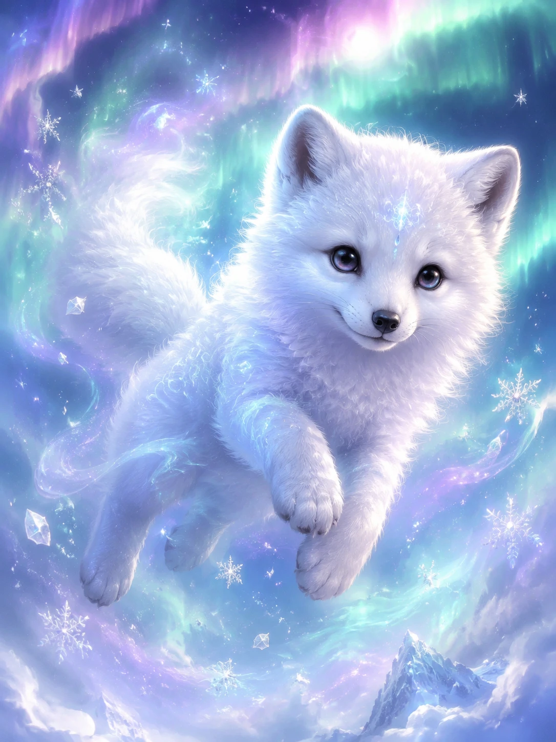 Träumender baby‑Polarfuchs unter leuchtendem Polarlicht
