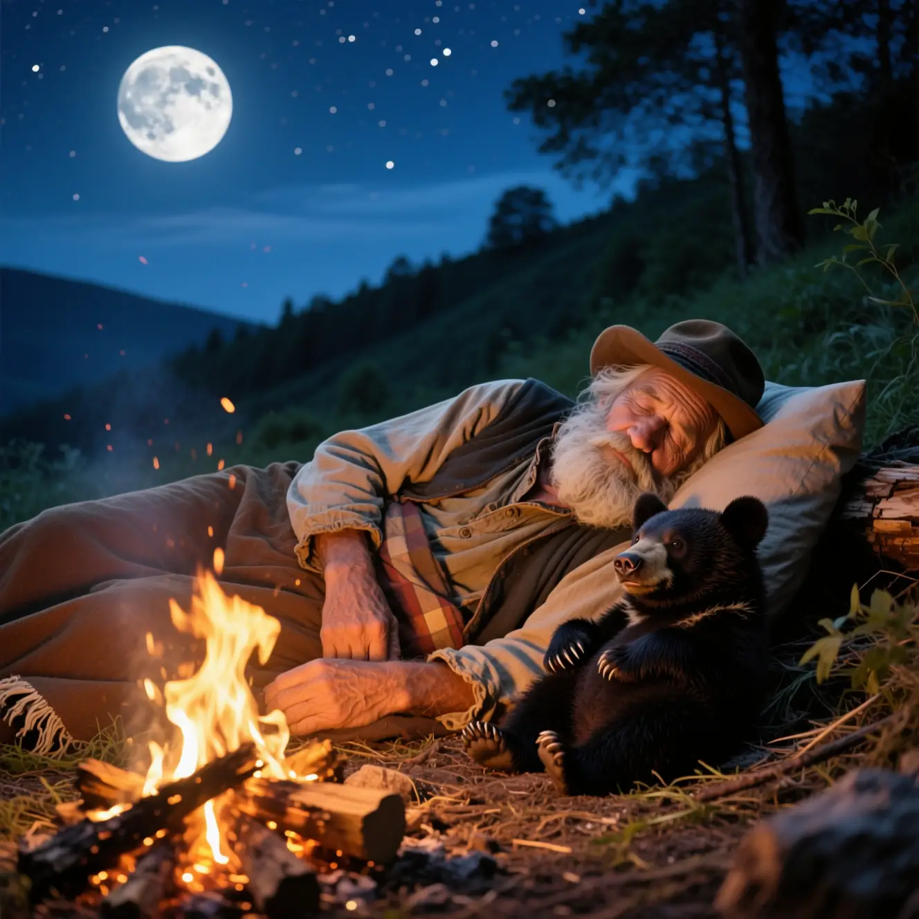 Old hillbilly sleeping by a campfire under moonlight