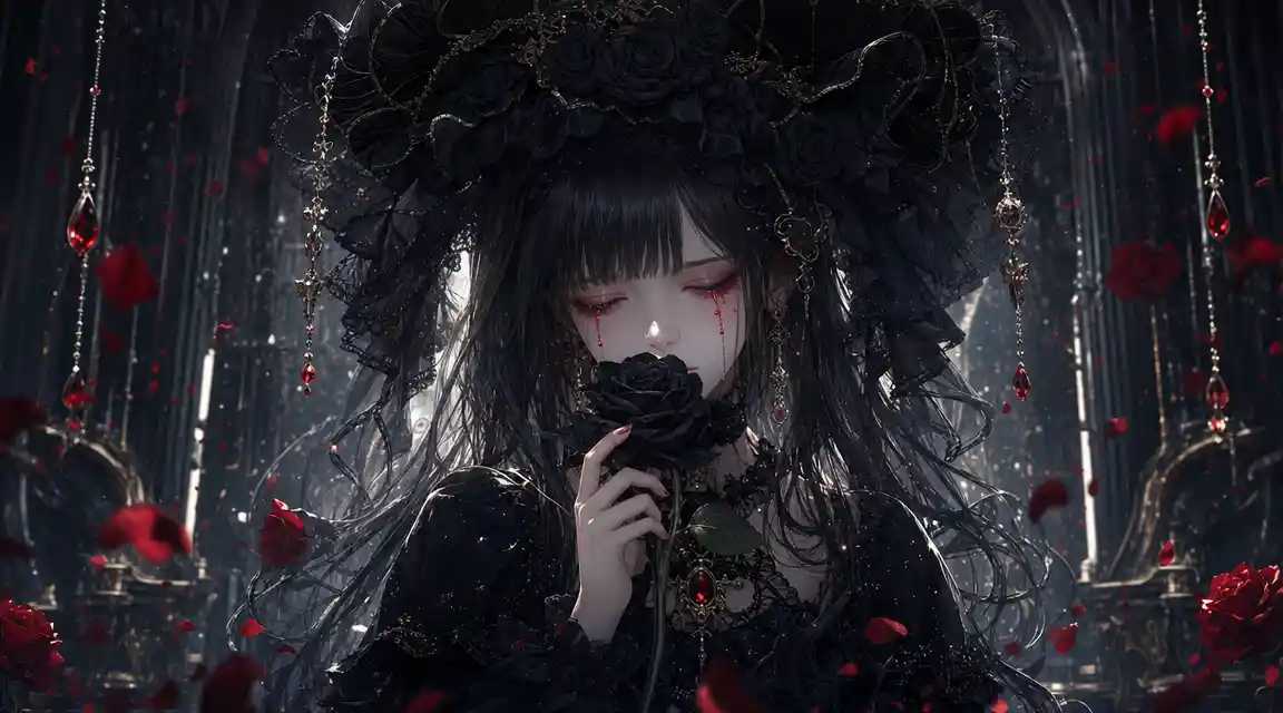 Ragazza anime in abito gotico con rosa nera