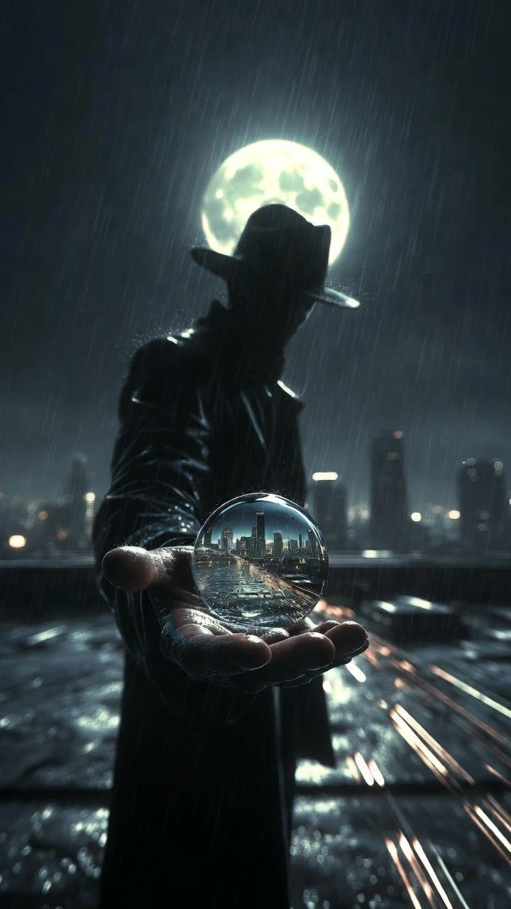 Figura misteriosa em telhado molhado pela chuva sob a lua cheia