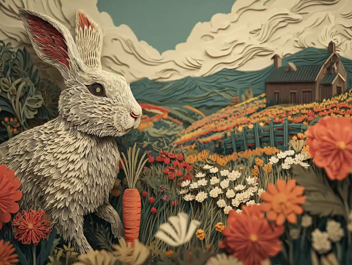 Cute rabbit with carrot in colorful farm meadow