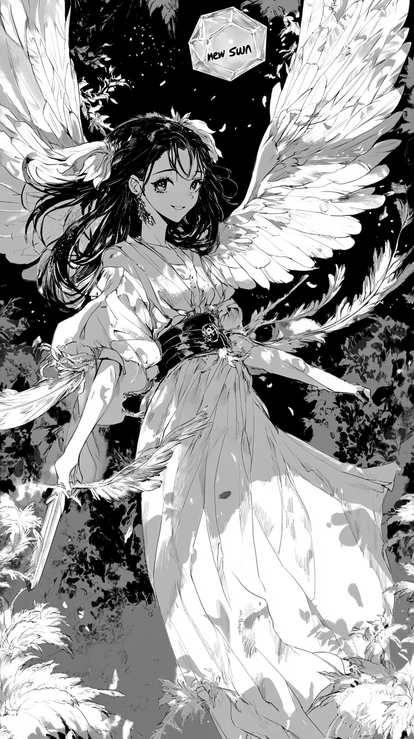 Ragazza manga che brandisce una spada sotto un cristallo luminoso