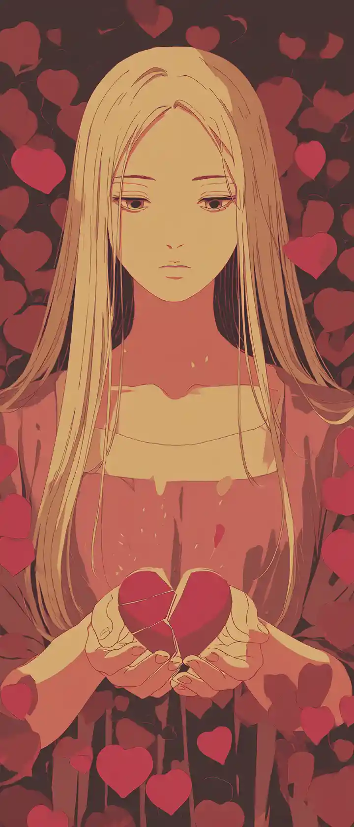 Anime woman holding a cracked heart among floating icons