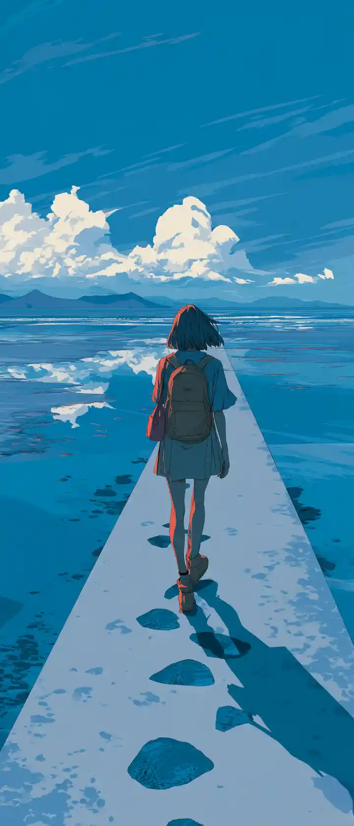 Anime traveler walking along a fading vector path
