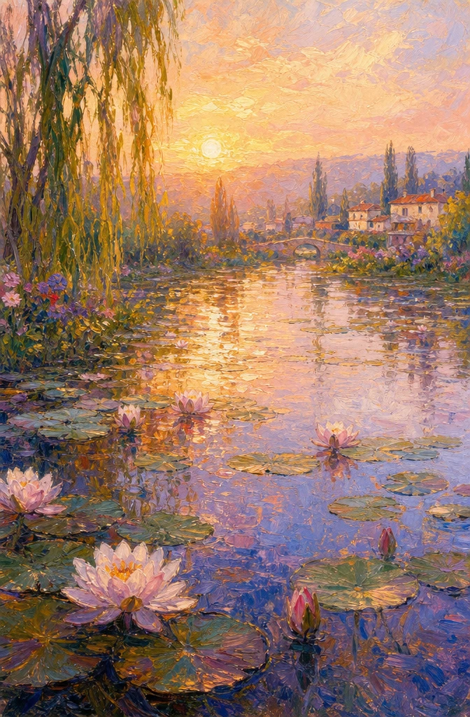 Sereno lago de nenúfares impressionista ao amanhecer em luz suave