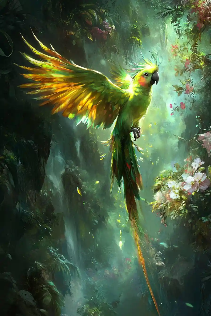Luminous parrot soaring through a misty fantasy landscape