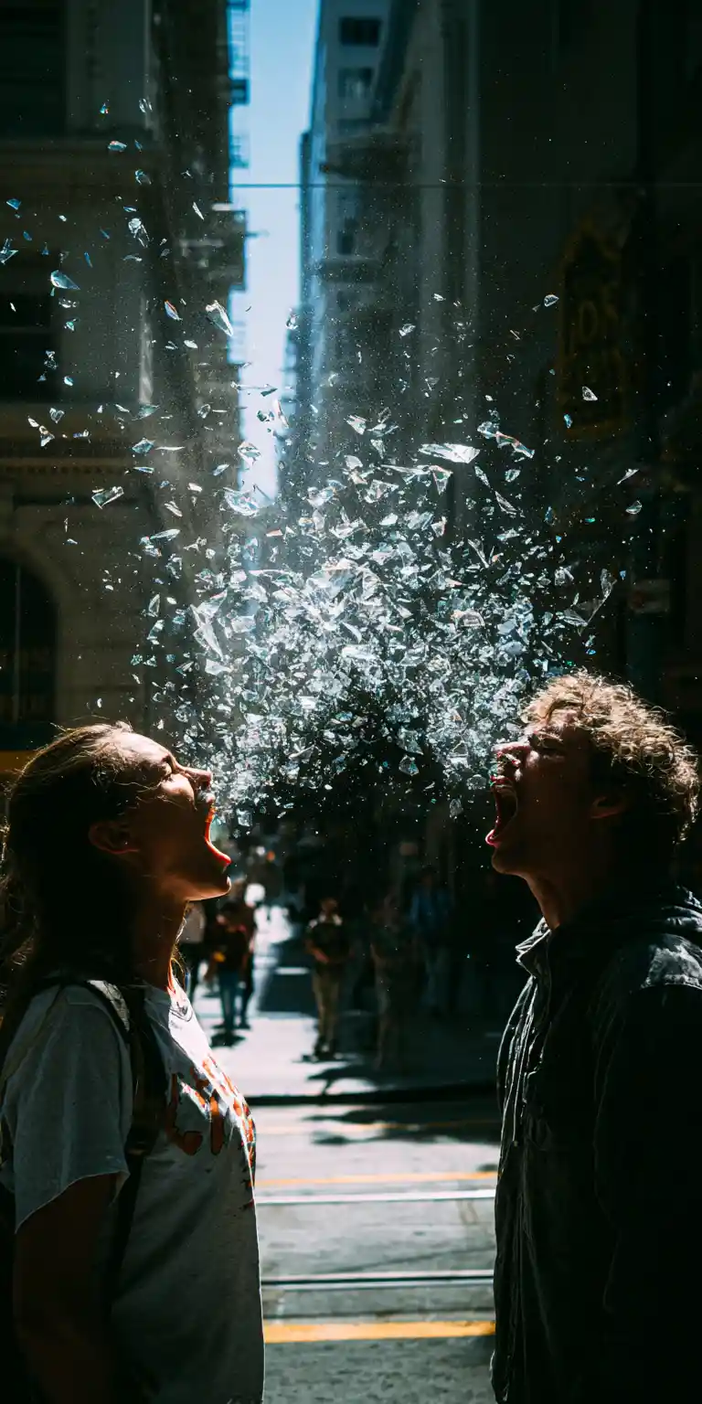 Two people silently screaming on a sunlit city street
