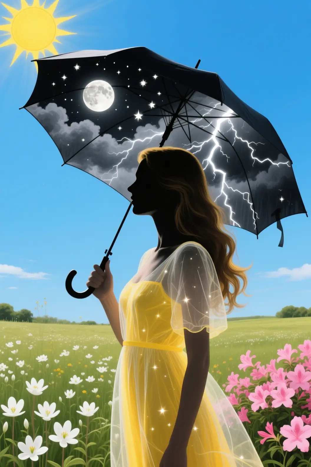 Double exposure painting of woman and blooming meadow