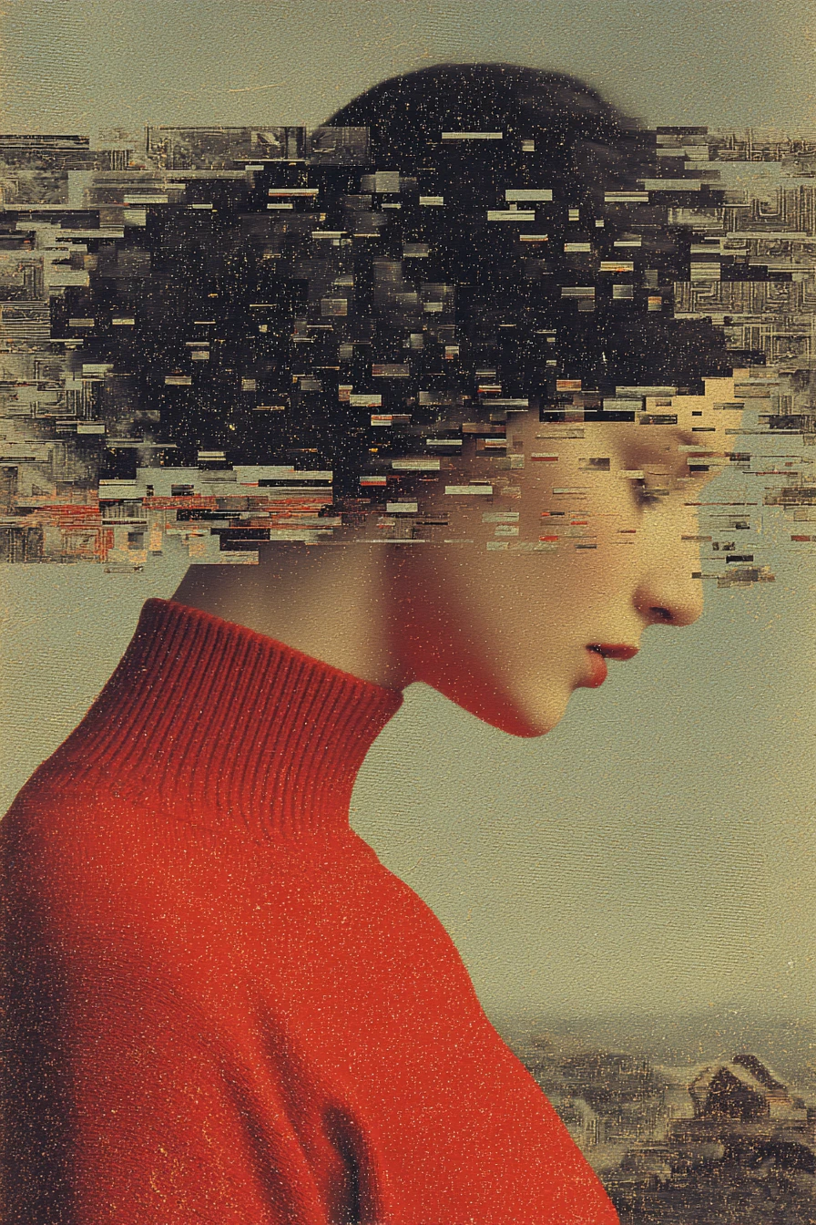 Mulher melancólica surreal em colagem abstrata de luz suave